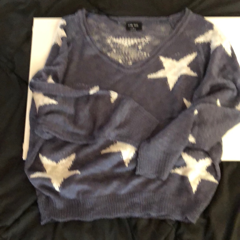 🔹Sold🔹Blue w/ Stars Off Shoulder Sweater - Picture 4 of 4